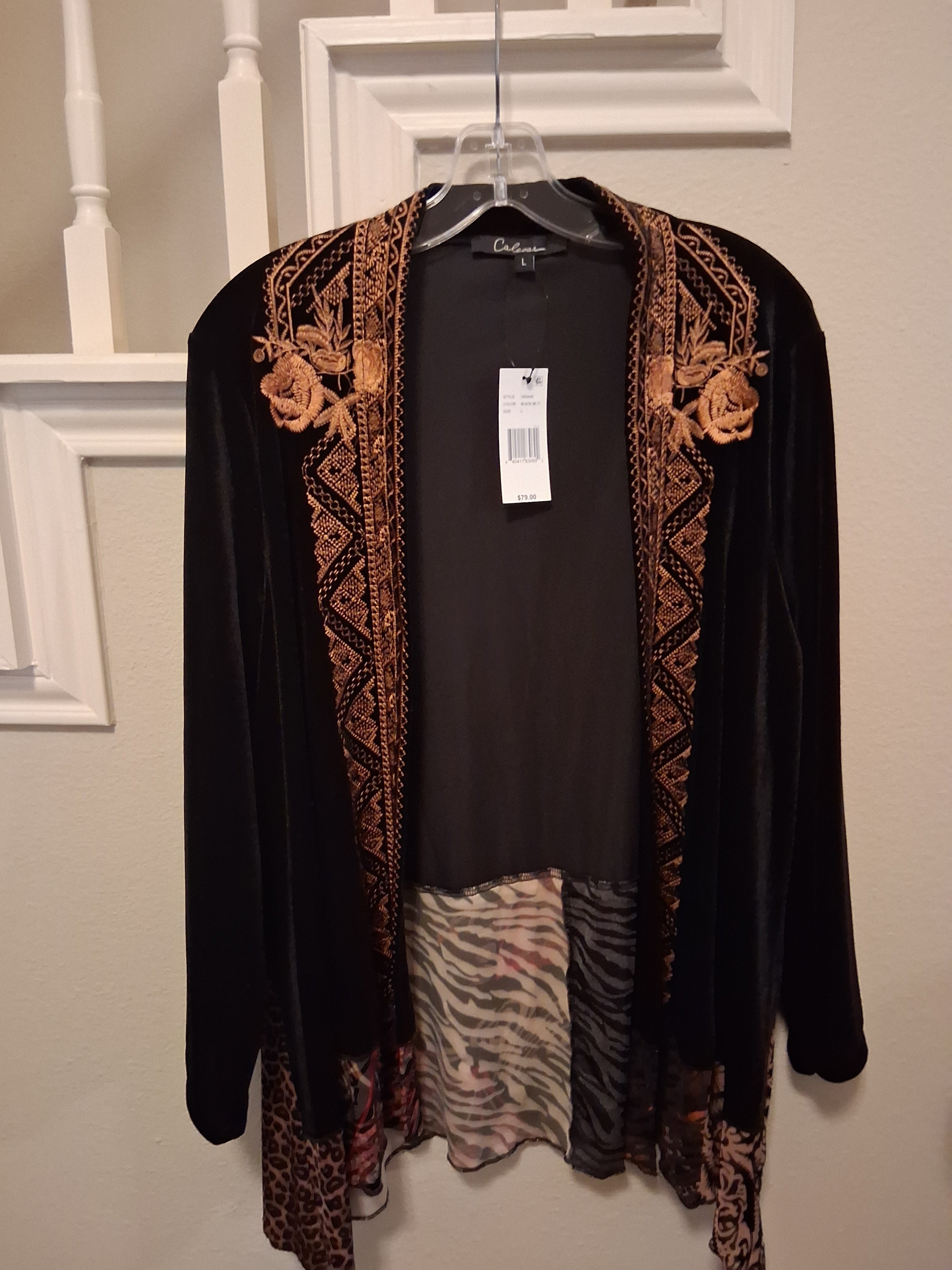 Calessa Black Velvet Open Cardigan With Gold Embroidered Trim